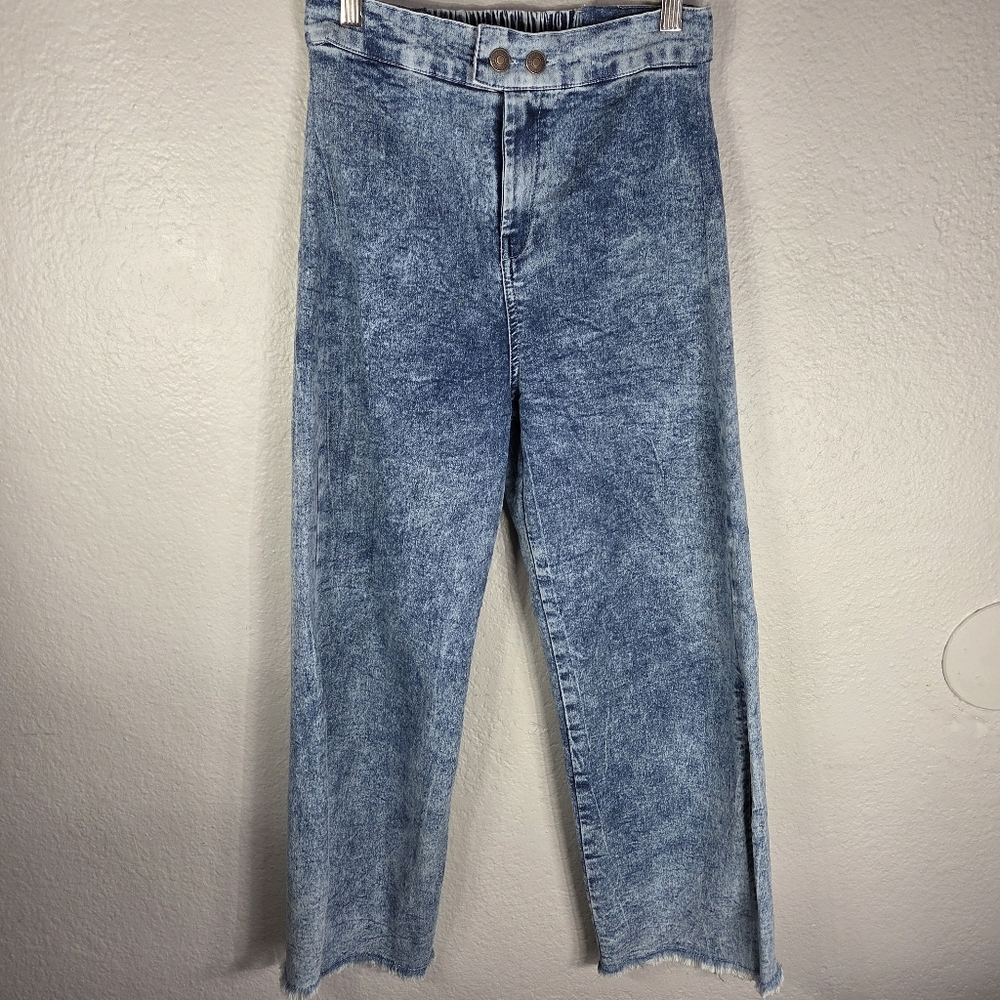 Sassafras Wide Leg Denim Jeans Acid Wash Size 2 Slit Leg Frayed LightBlue Women